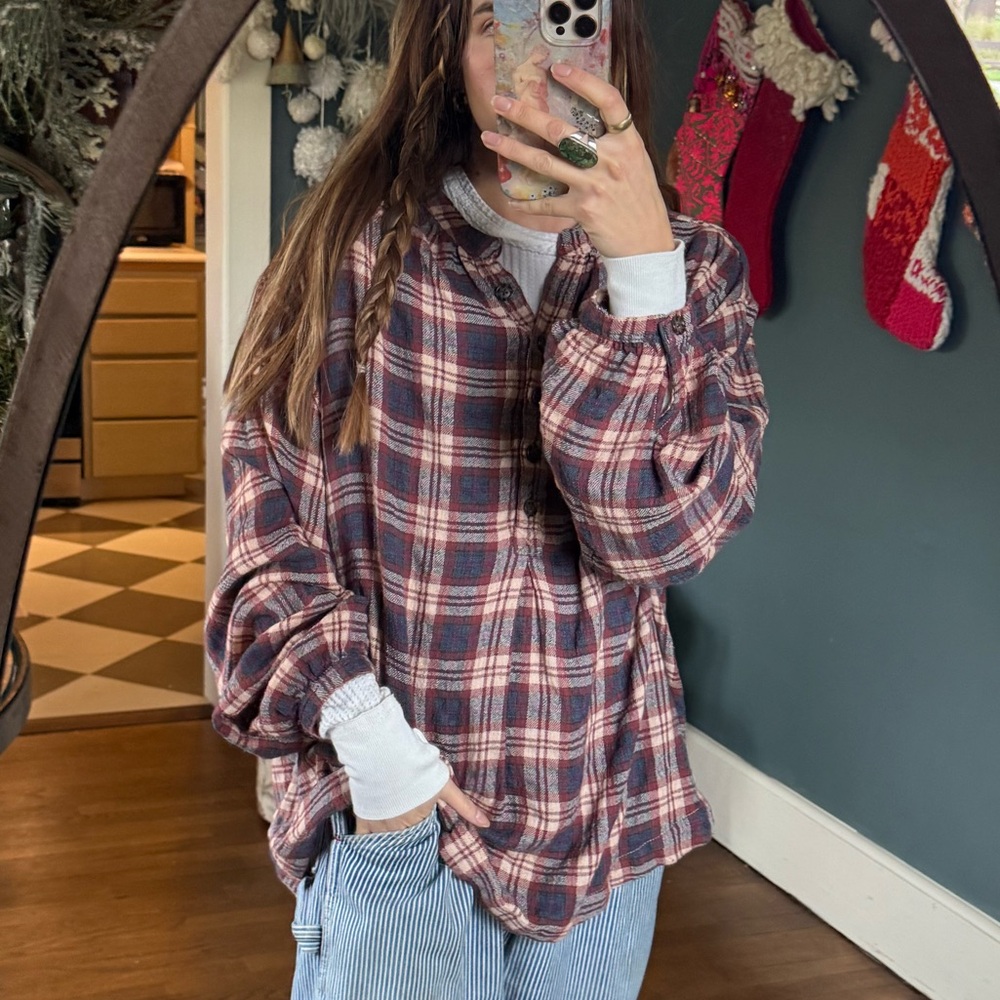 Free People Northern Bound Plaid blouse long sleeve flannel top sz large - Picture 7 of 12